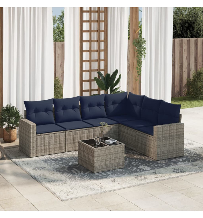 Salon de jardin 7 pcs avec coussins gris résine tressée | Mobilier & Déco