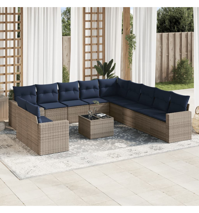 Salon de jardin avec coussins 12 pcs gris résine tressée | Mobilier & Déco