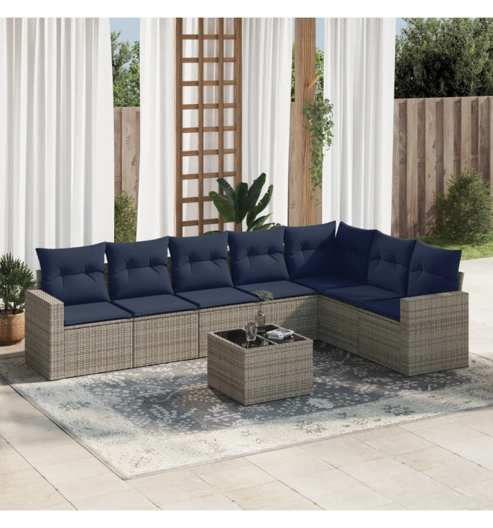 Salon de jardin 8 pcs avec coussins gris résine tressée | Mobilier & Déco