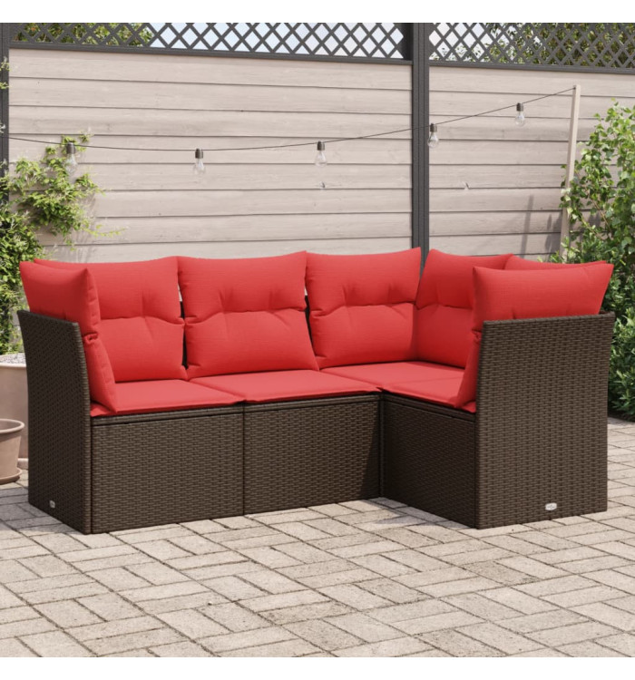 Salon de jardin 4 pcs avec coussins marron résine tressée | Mobilier & Déco