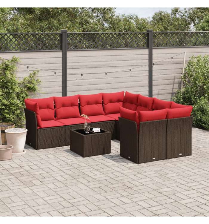 Salon de jardin avec coussins 9 pcs marron résine tressée | Mobilier & Déco