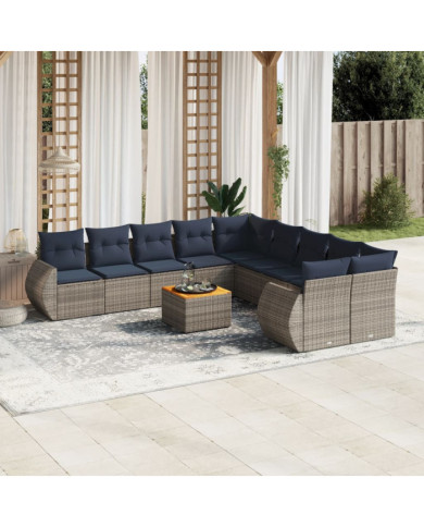 Salon de jardin 11 pcs avec coussins gris résine tressée | Mobilier & Déco