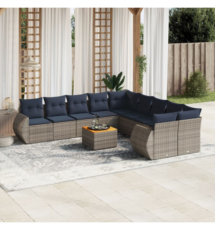 Salon de jardin 11 pcs avec coussins gris résine tressée | Mobilier & Déco
