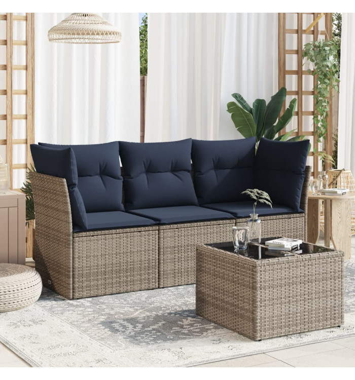 Salon de jardin 4 pcs avec coussins gris résine tressée | Mobilier & Déco
