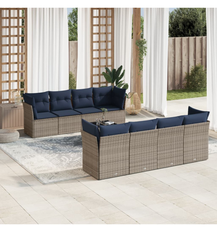 Salon de jardin 9 pcs avec coussins gris résine tressée | Mobilier & Déco