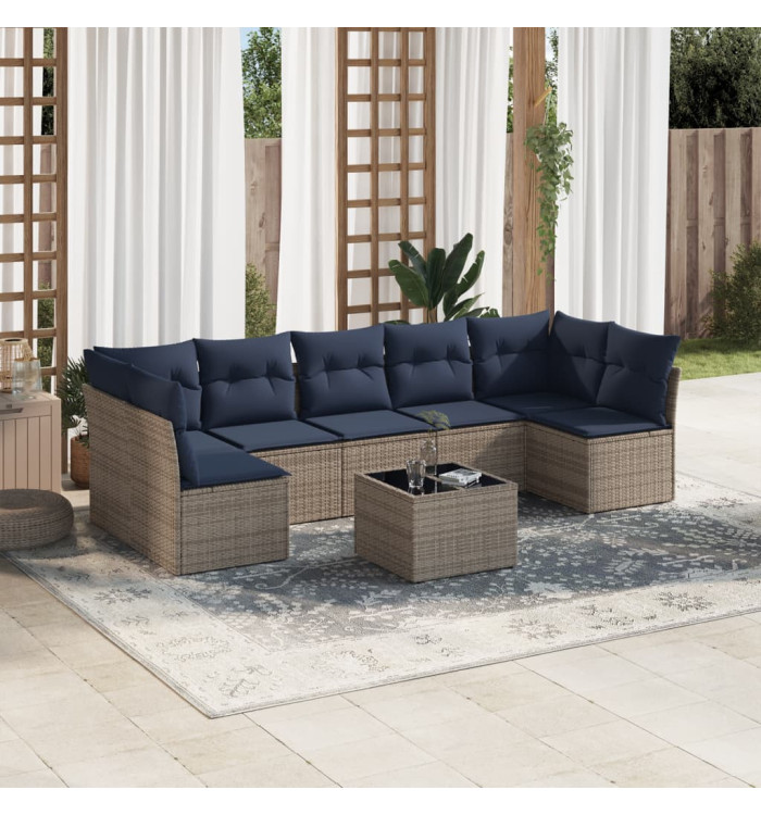 Salon de jardin 8 pcs avec coussins gris résine tressée | Mobilier & Déco