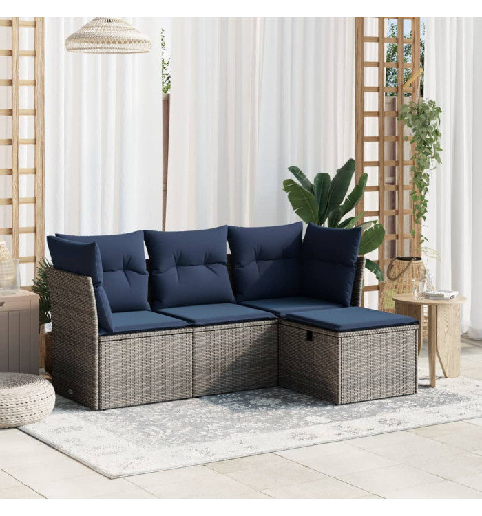 Salon de jardin 4 pcs avec coussins gris résine tressée | Mobilier & Déco