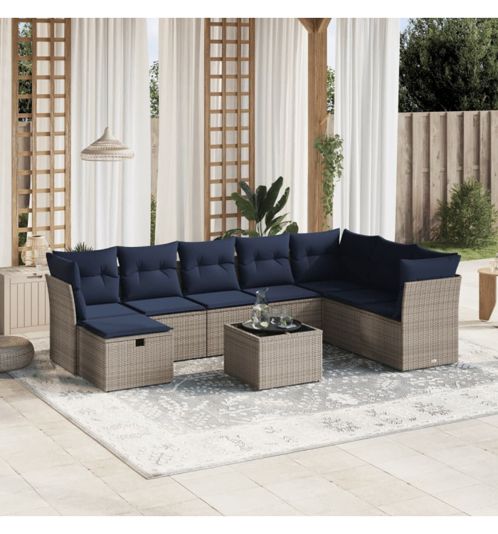 Salon de jardin 9 pcs avec coussins gris résine tressée | Mobilier & Déco