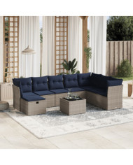 Salon de jardin 9 pcs avec coussins gris résine tressée | Mobilier & Déco