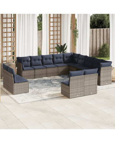 Salon de jardin avec coussins 12 pcs gris résine tressée | Mobilier & Déco