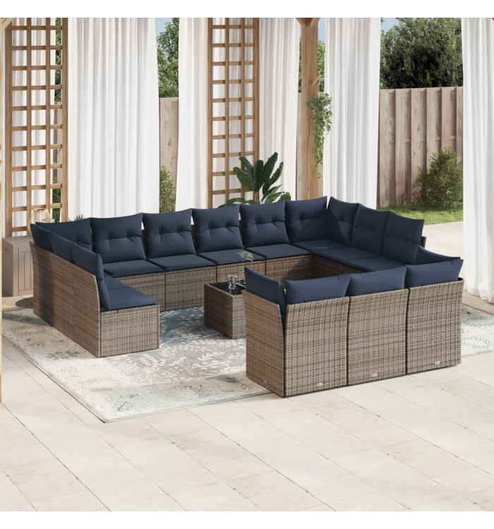 Salon de jardin avec coussins 14 pcs gris résine tressée | Mobilier & Déco