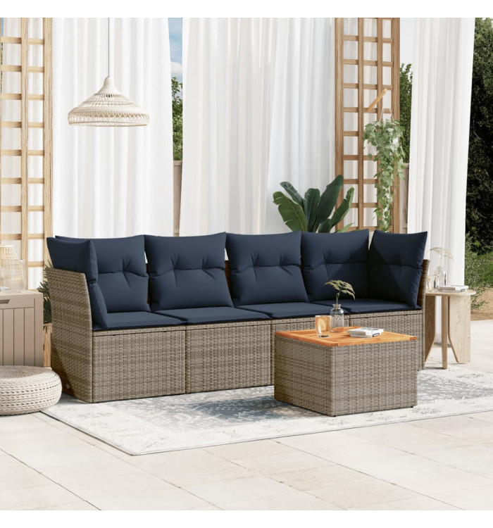 Salon de jardin 5 pcs avec coussins gris résine tressée | Mobilier & Déco