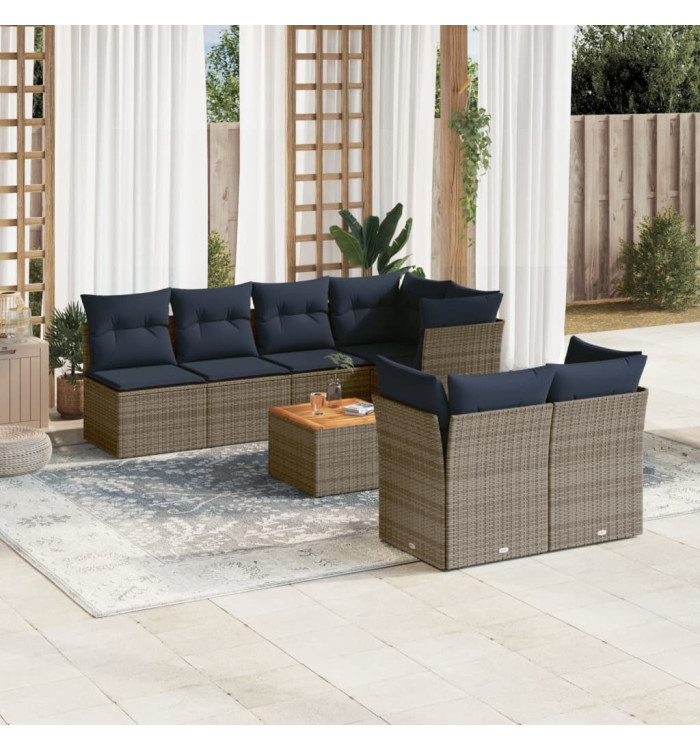 Salon de jardin 8 pcs avec coussins gris résine tressée | Mobilier & Déco