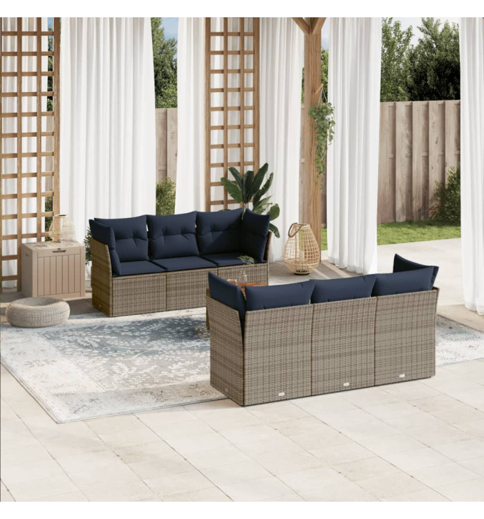 Salon de jardin 7 pcs avec coussins gris résine tressée | Mobilier & Déco