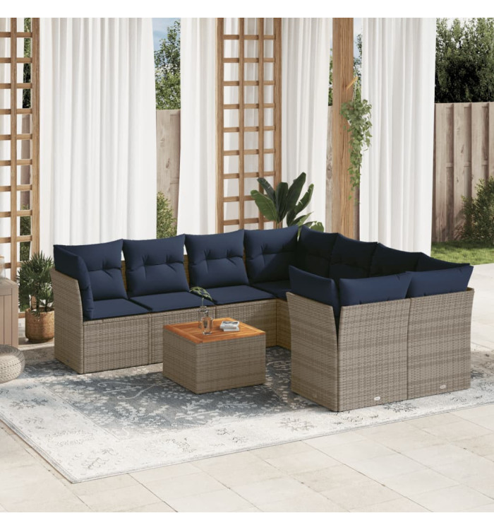 Salon de jardin 9 pcs avec coussins gris résine tressée | Mobilier & Déco