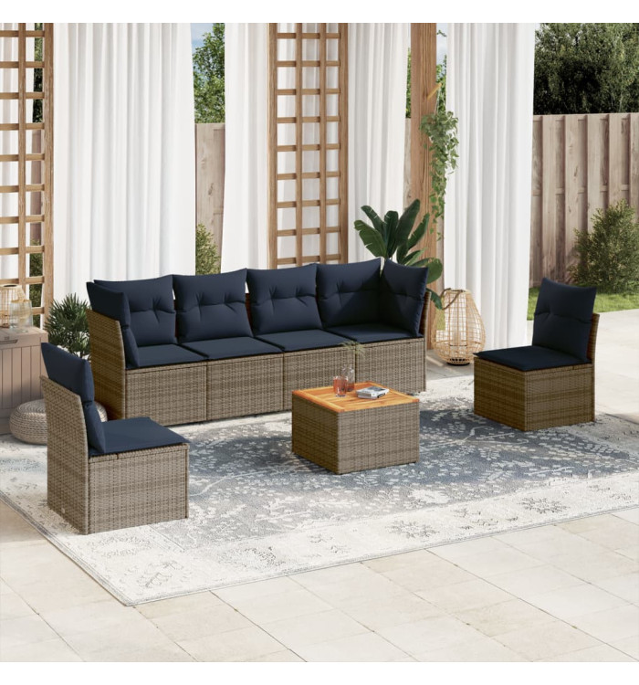 Salon de jardin 7 pcs avec coussins gris résine tressée | Mobilier & Déco