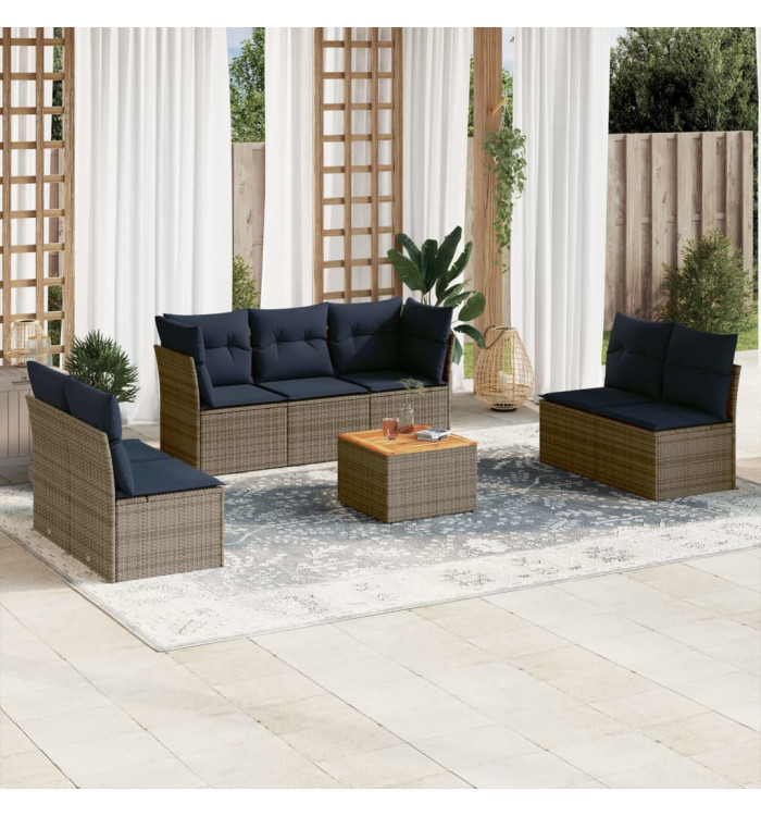 Salon de jardin 8 pcs avec coussins gris résine tressée | Mobilier & Déco