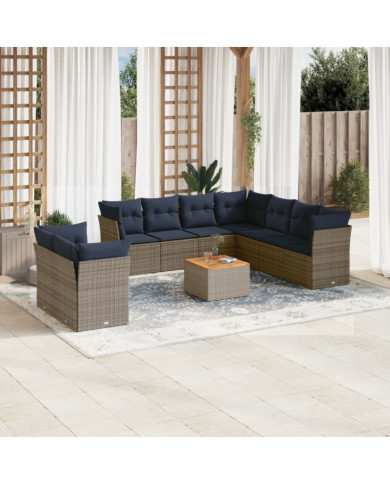 Salon de jardin 10 pcs avec coussins gris résine tressée | Mobilier & Déco