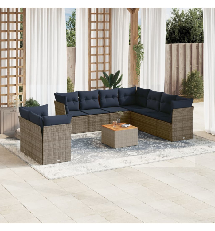 Salon de jardin 10 pcs avec coussins gris résine tressée | Mobilier & Déco