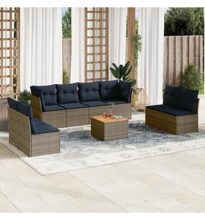 Salon de jardin 9 pcs avec coussins gris résine tressée | Mobilier & Déco