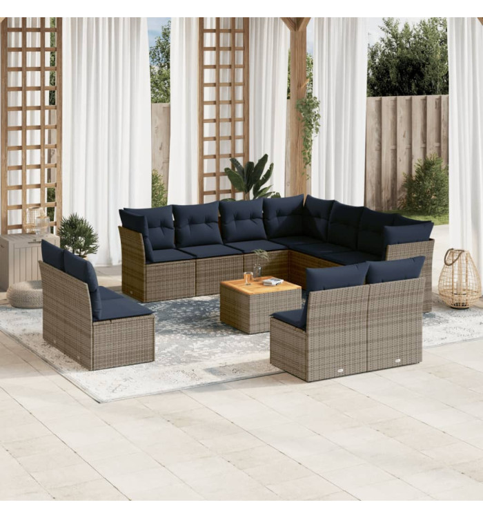 Salon de jardin avec coussins 12 pcs gris résine tressée | Mobilier & Déco