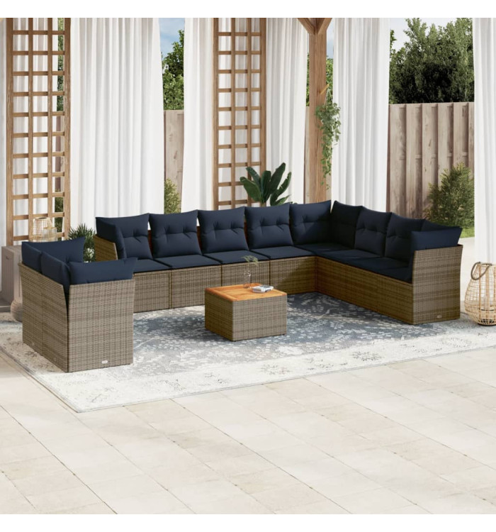 Salon de jardin 11 pcs avec coussins gris résine tressée | Mobilier & Déco