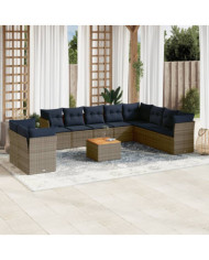 Salon de jardin 11 pcs avec coussins gris résine tressée | Mobilier & Déco