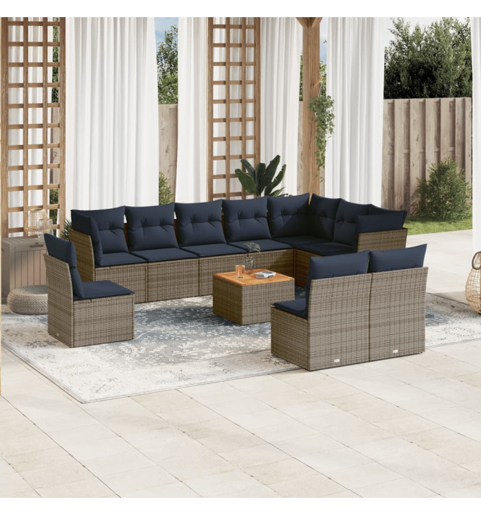 Salon de jardin 11 pcs avec coussins gris résine tressée | Mobilier & Déco