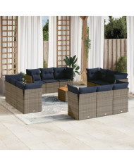 Salon de jardin avec coussins 13 pcs gris résine tressée | Mobilier & Déco