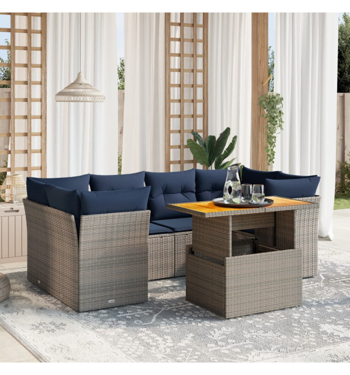 Salon de jardin 7 pcs avec coussins gris résine tressée | Mobilier & Déco