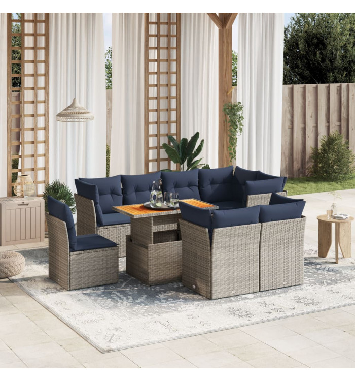 Salon de jardin 9 pcs avec coussins gris résine tressée | Mobilier & Déco
