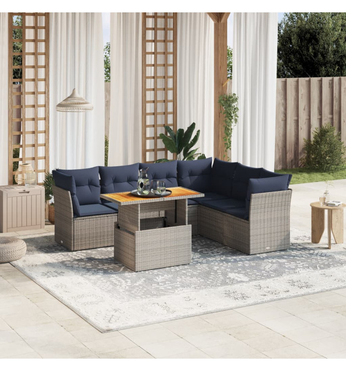Salon de jardin 7 pcs avec coussins gris résine tressée | Mobilier & Déco
