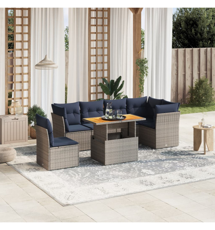 Salon de jardin 7 pcs avec coussins gris résine tressée | Mobilier & Déco