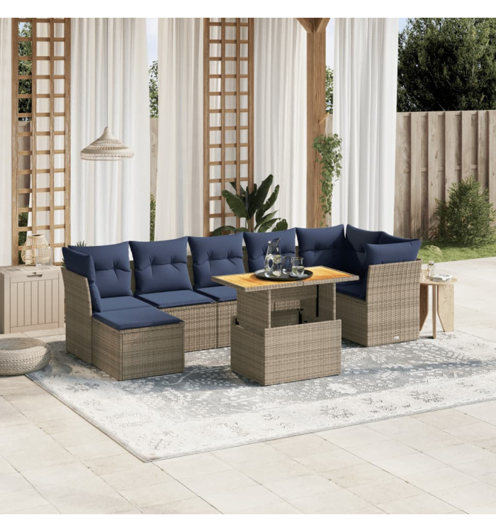 Salon de jardin 8 pcs avec coussins gris résine tressée | Mobilier & Déco