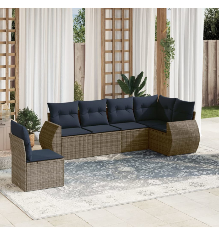 Salon de jardin 6 pcs avec coussins gris résine tressée | Mobilier & Déco