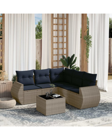 Salon de jardin 6 pcs avec coussins gris résine tressée | Mobilier & Déco