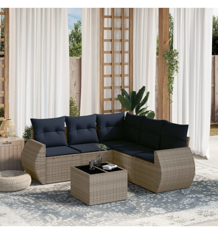 Salon de jardin 6 pcs avec coussins gris résine tressée | Mobilier & Déco