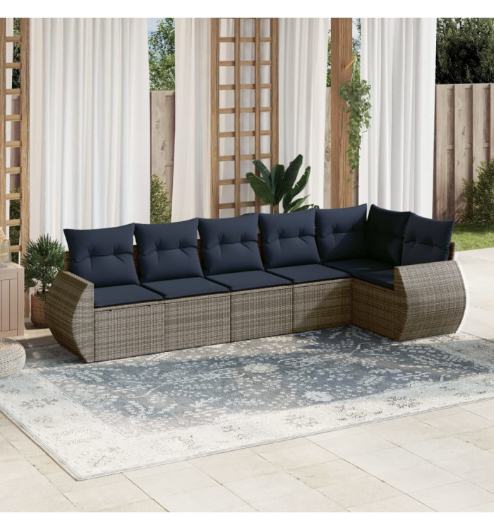 Salon de jardin 6 pcs avec coussins gris résine tressée | Mobilier & Déco
