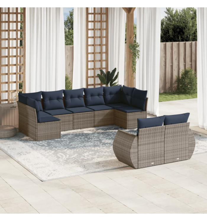 Salon de jardin 9 pcs avec coussins gris résine tressée | Mobilier & Déco
