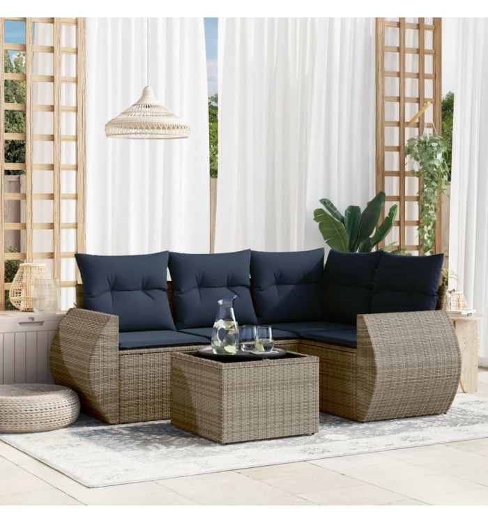 Salon de jardin 5 pcs avec coussins gris résine tressée | Mobilier & Déco