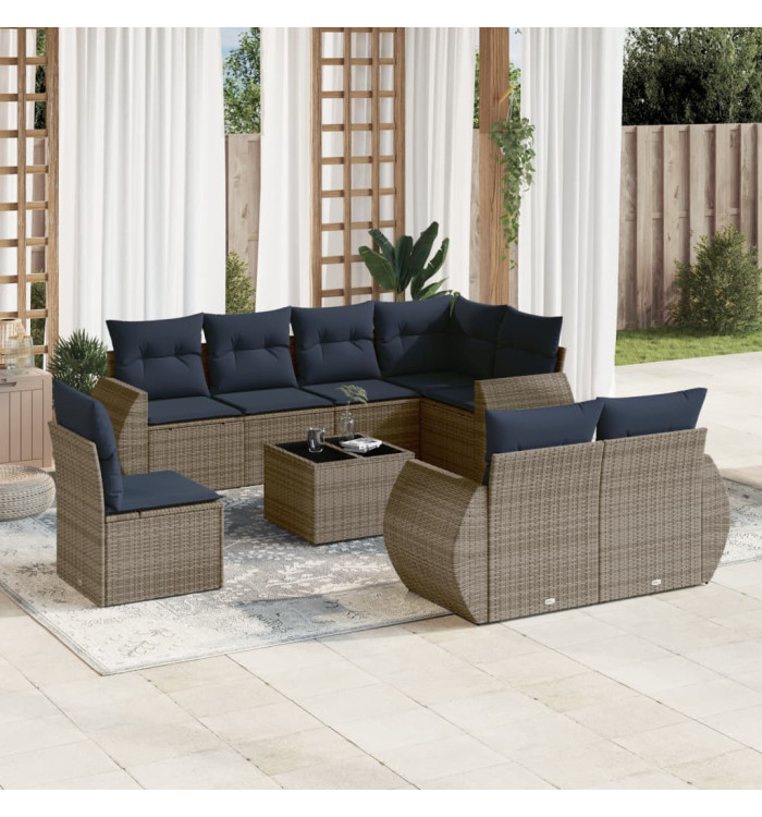 Salon de jardin 9 pcs avec coussins gris résine tressée | Mobilier & Déco