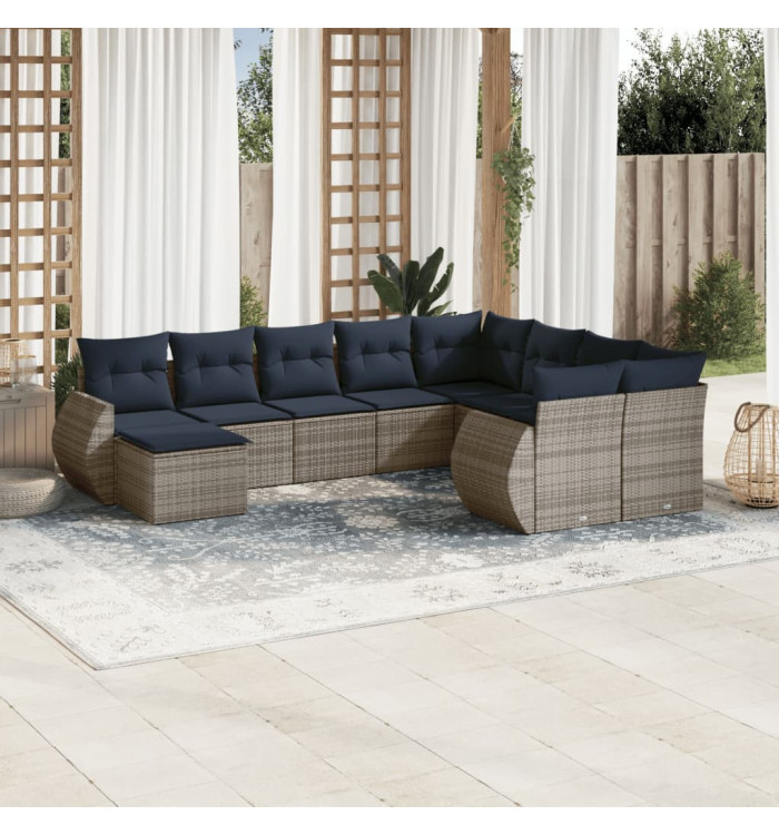 Salon de jardin 10 pcs avec coussins gris résine tressée | Mobilier & Déco