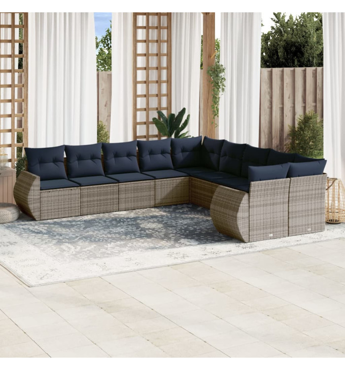 Salon de jardin 10 pcs avec coussins gris résine tressée | Mobilier & Déco