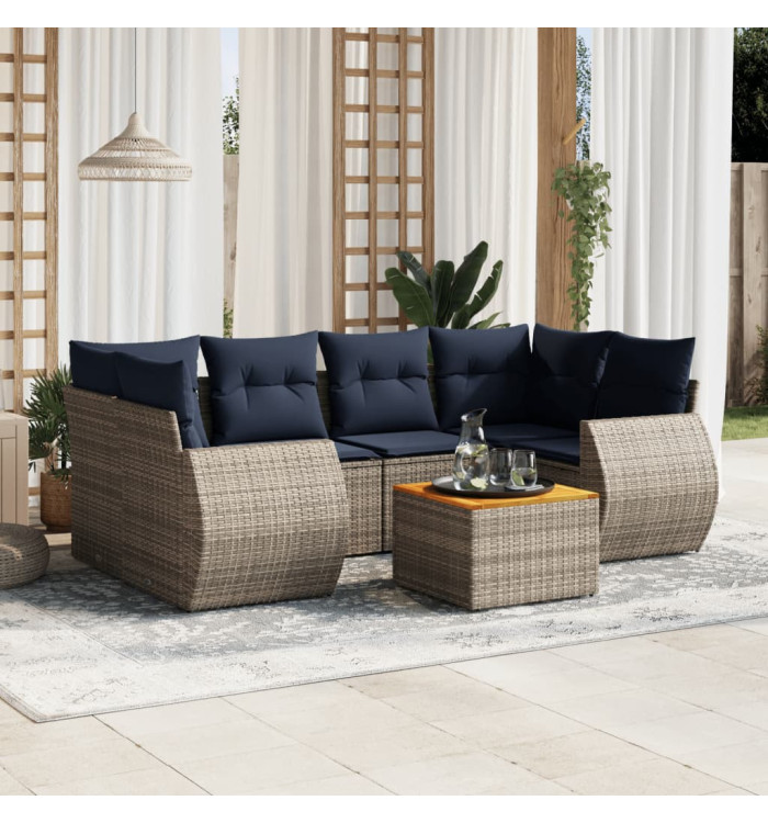 Salon de jardin 7 pcs avec coussins gris résine tressée | Mobilier & Déco
