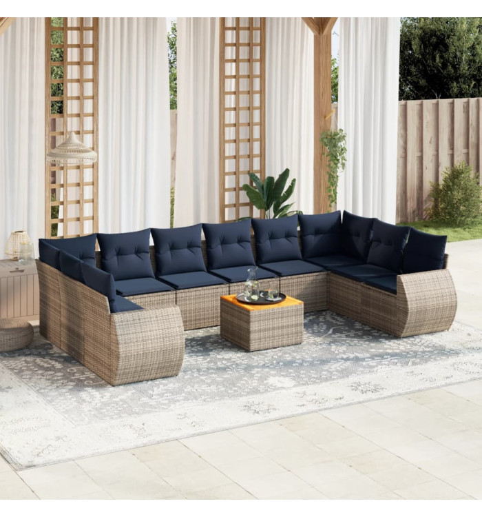Salon de jardin 11 pcs avec coussins gris résine tressée | Mobilier & Déco