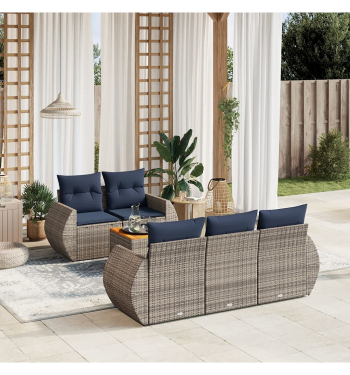 Salon de jardin 6 pcs avec coussins gris résine tressée | Mobilier & Déco