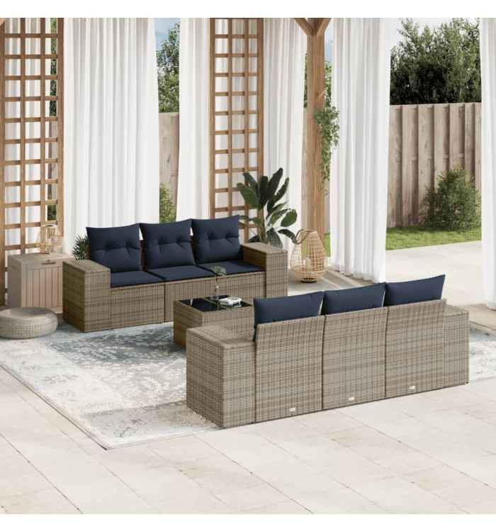 Salon de jardin 7 pcs avec coussins gris résine tressée | Mobilier & Déco