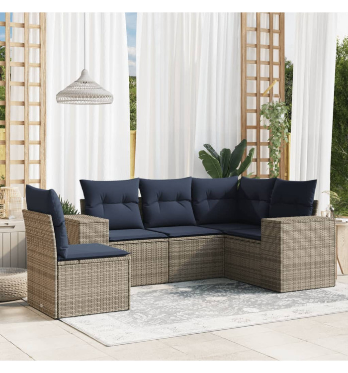 Salon de jardin 5 pcs avec coussins gris résine tressée | Mobilier & Déco