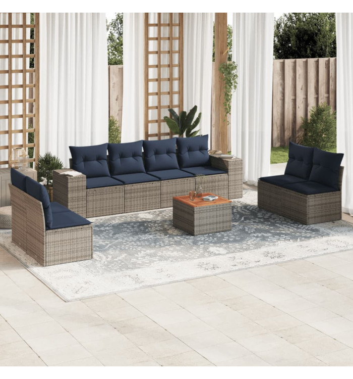 Salon de jardin 9 pcs avec coussins gris résine tressée | Mobilier & Déco