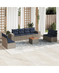 Salon de jardin 9 pcs avec coussins gris résine tressée | Mobilier & Déco